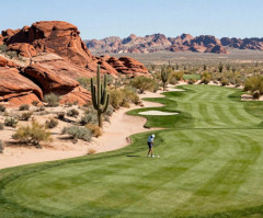Saguaro cactus framing a desert golf hole
