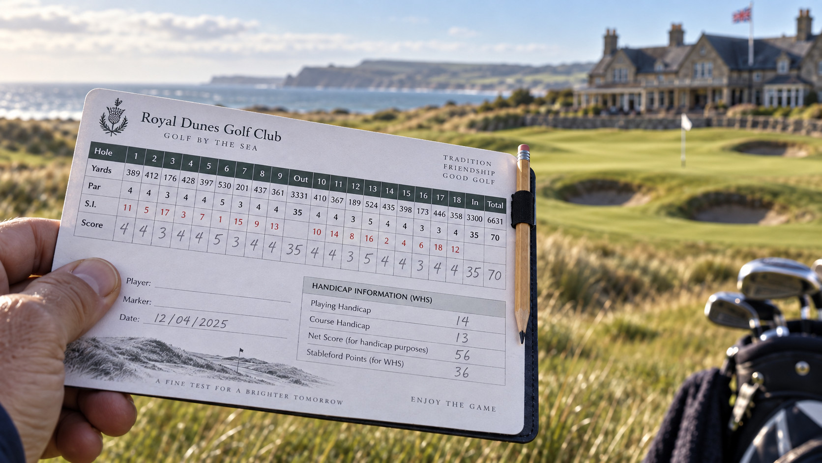 A completed golf scorecard being checked after a round