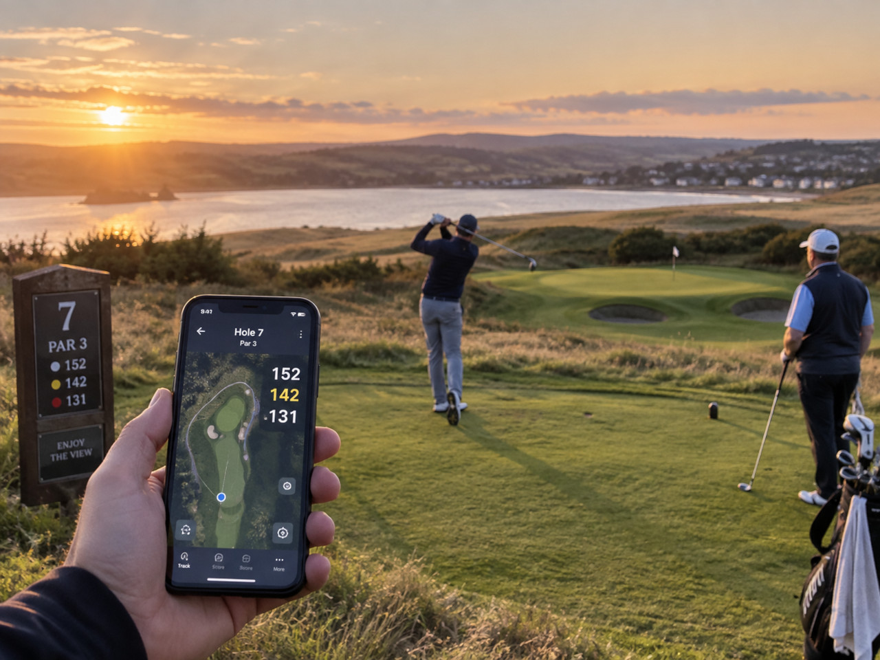 Golfers playing a short nine hole course on a summer evening