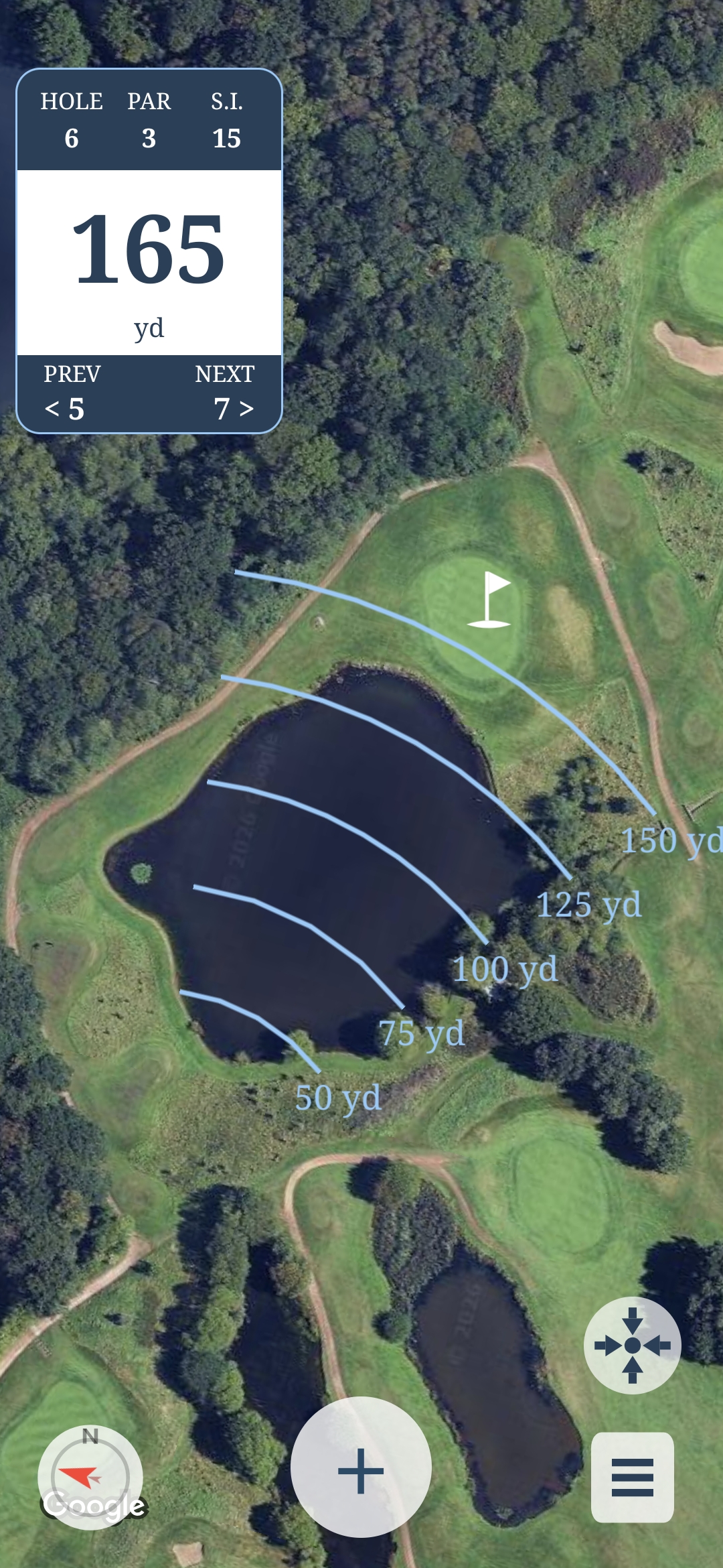 The Shark Club app showing GPS distances from the player to a water hazard and the green