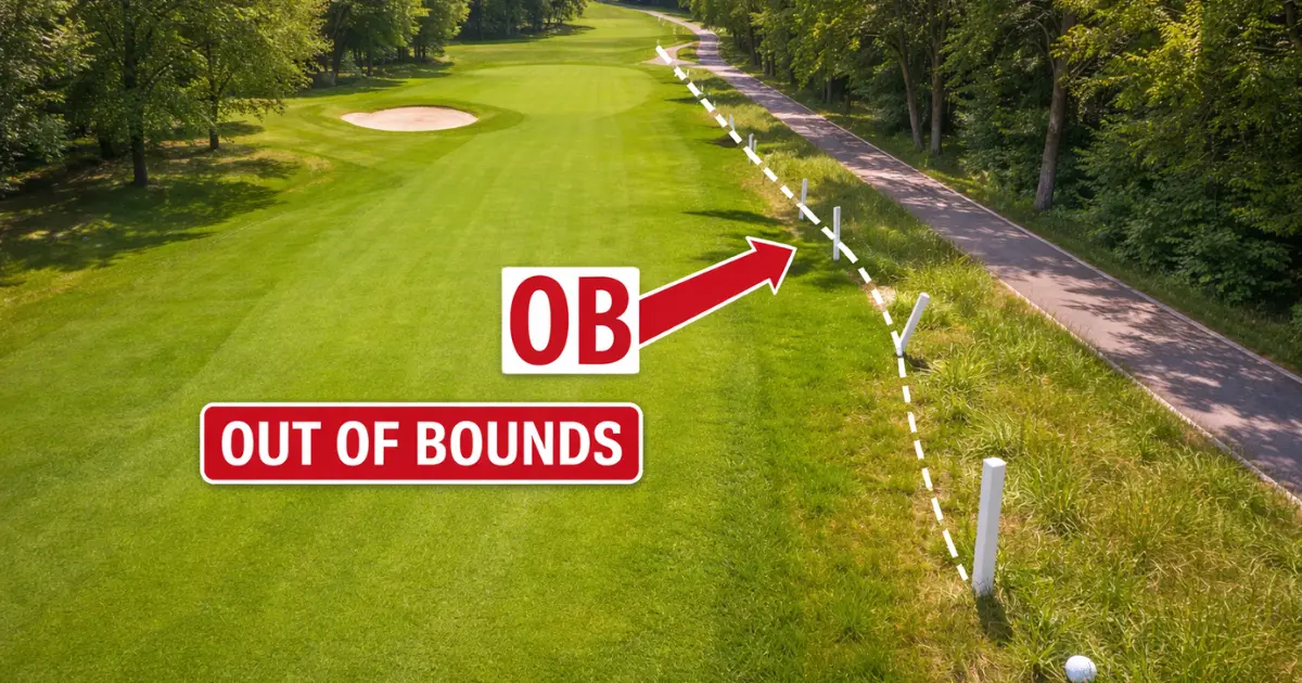 White out of bounds stakes along the boundary of a golf course