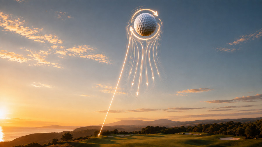 Golf ball in flight with airflow lines curving around it and the wake deflected downward