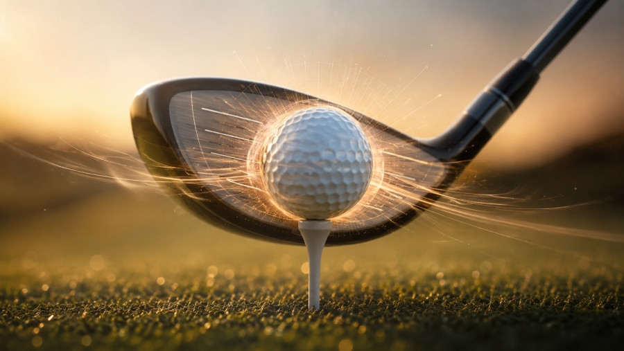 Driver face meeting a golf ball on the tee, with energy radiating from the compressed ball