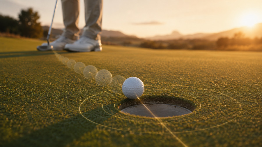 Golf ball rolling at dying pace towards the hole on a green at sunset