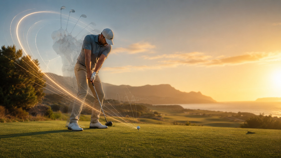 Multiple exposure of a golf swing tracing the club's full arc at sunset