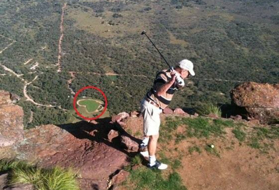 The Africa shaped green of the Extreme 19th seen from the mountain tee