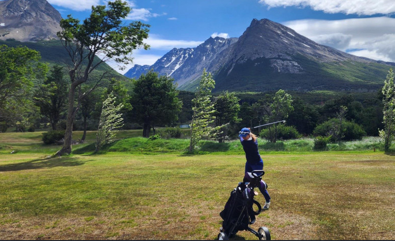 Ushuaia golf course with snow capped mountains behind