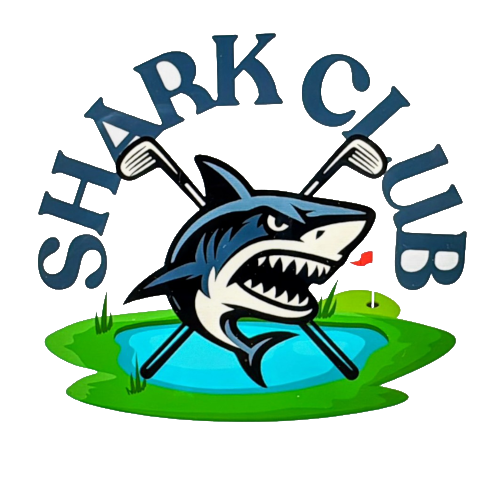 Shark Club logo: shark with golf clubs over a green